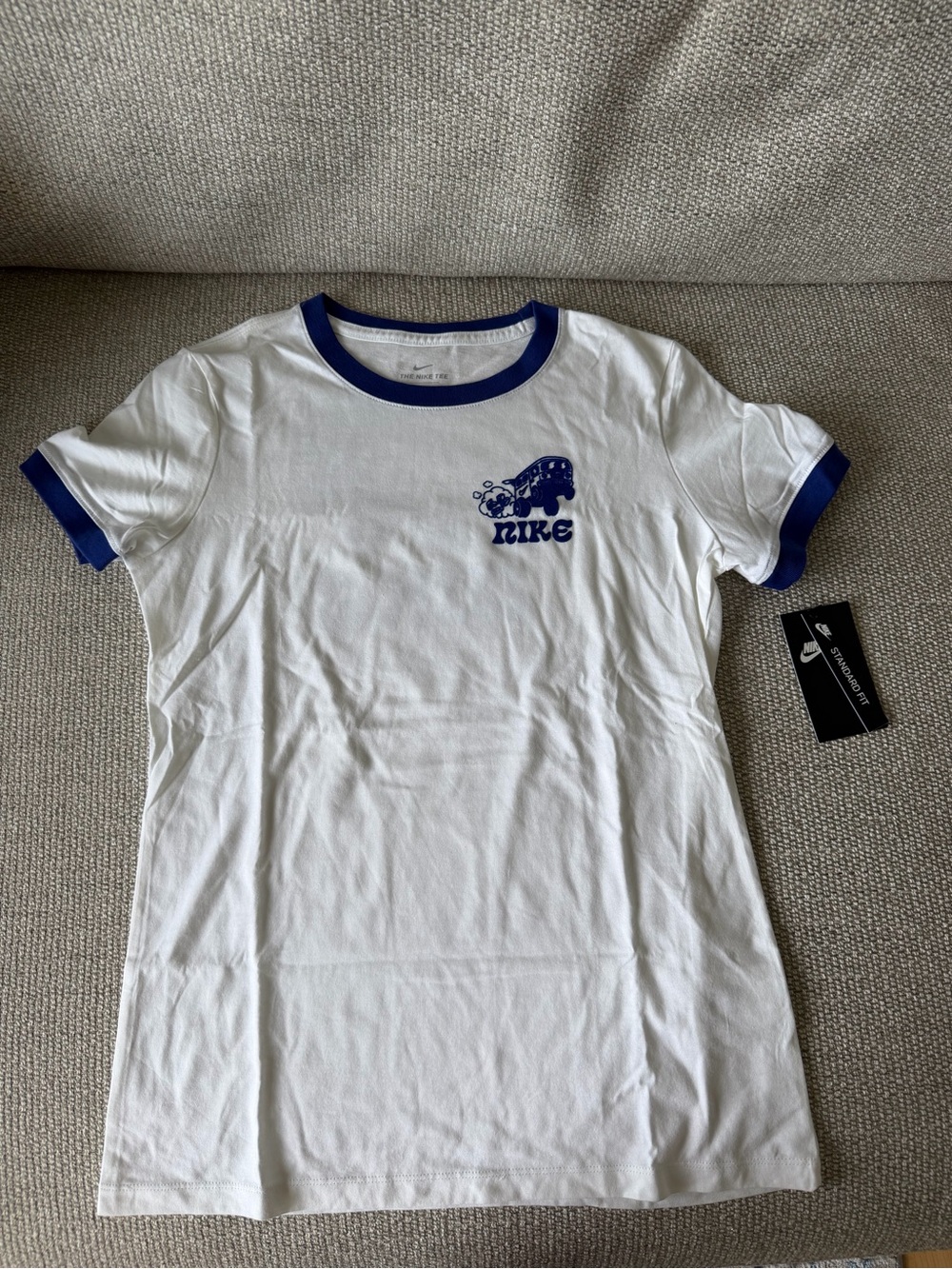 Nike White Tee with Royal Blue Trim and Graphic